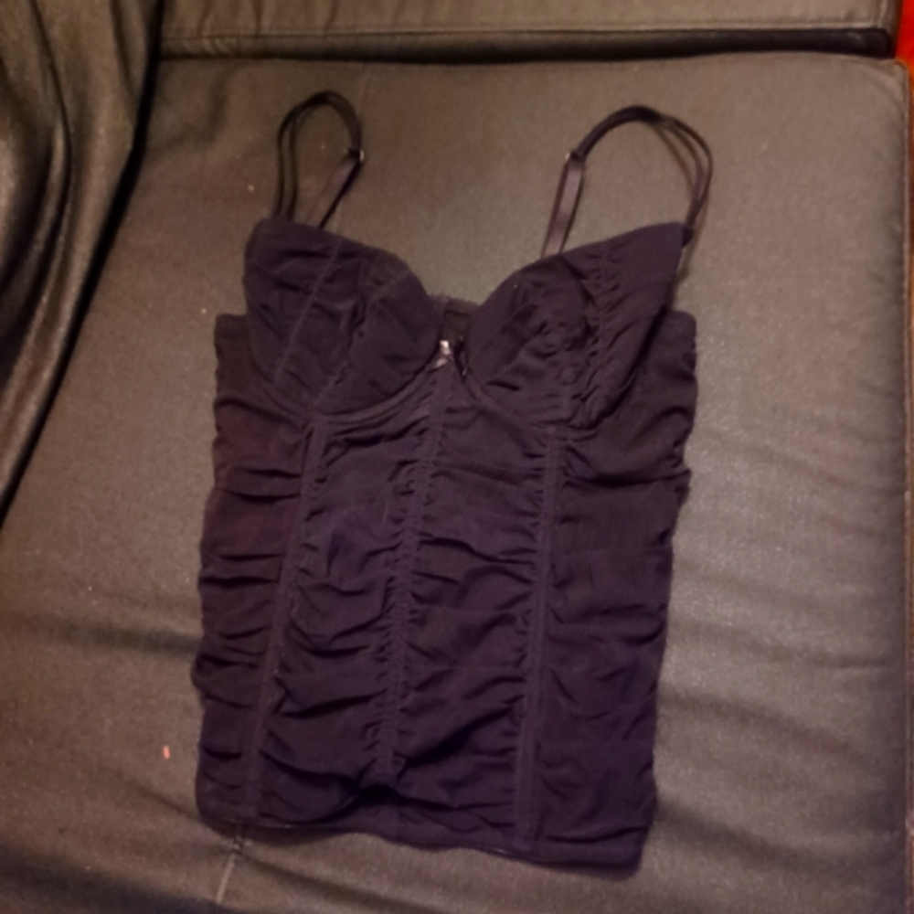 RUCHED BLACK SEMI TRANSPARENT BOTTOM BRA TOP.HOOK AND EYE CLOSURE ON BACK.